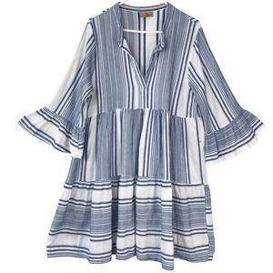Domna Bogioka Blue Stripe Babydoll Dress One Size Pullover V-Neck Bell Sleeve
